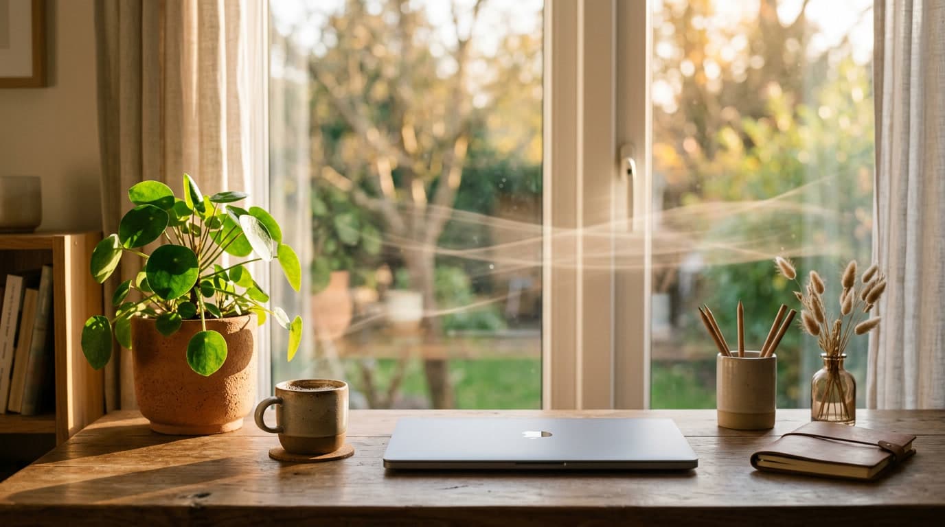 A calm sunlit workspace with gentle light trails suggesting automation flow.