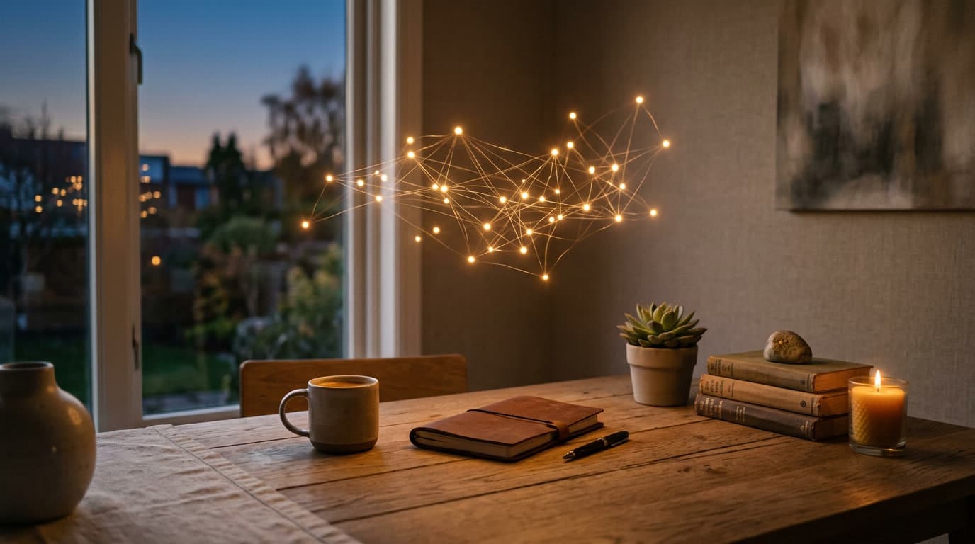 A calm desk with a soft glowing constellation of light — AI visibility.