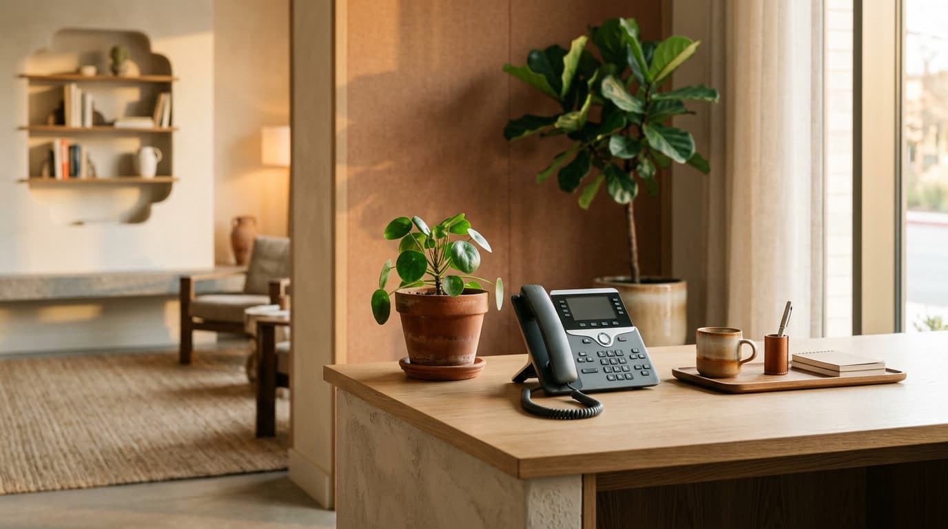 A tidy modern reception desk with a phone in warm light — an AI receptionist that always answers.