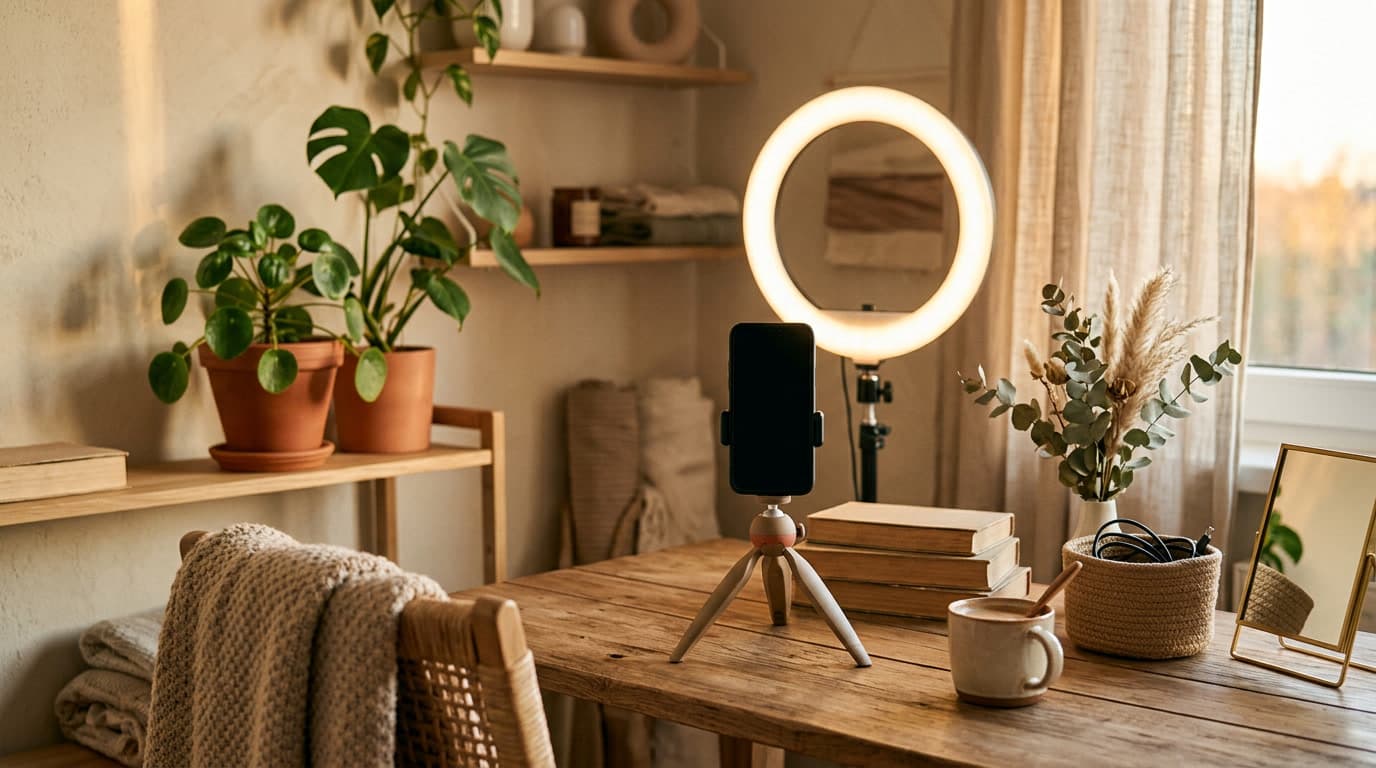 A cozy creator corner with a phone on a tripod and a ring light — AI UGC ads.