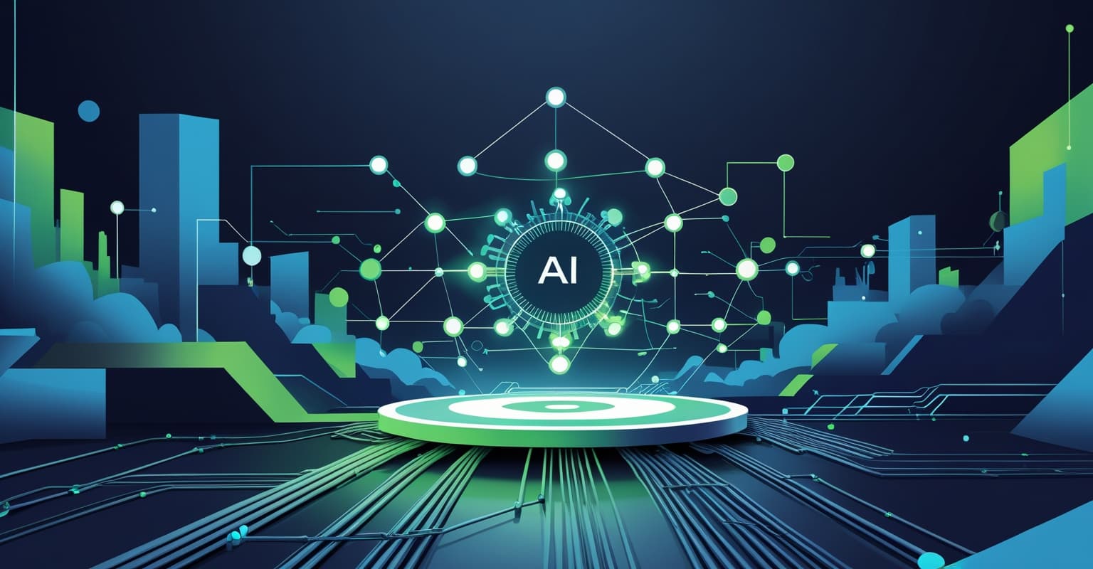 Abstract AI automation concept illustration for the article “AI UGC Ads”, in KP Growth Consulting brand colours.