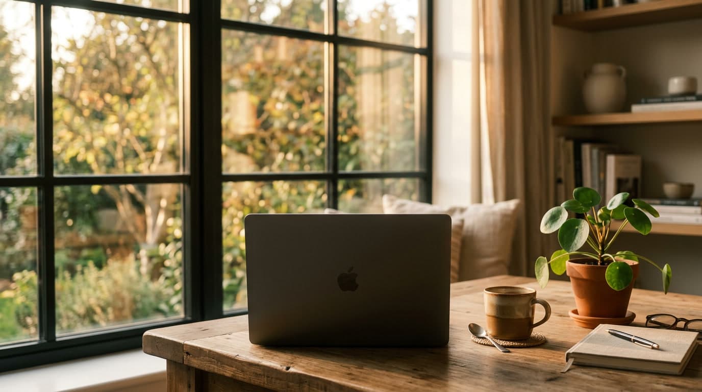 A calm sunlit workspace with a laptop — conversion-focused websites.