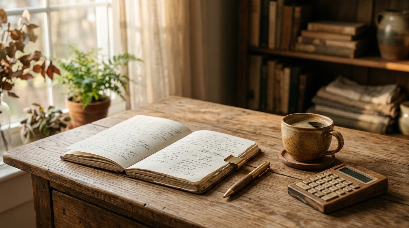 A warm desk with a notebook, calculator and coffee — custom web tools.