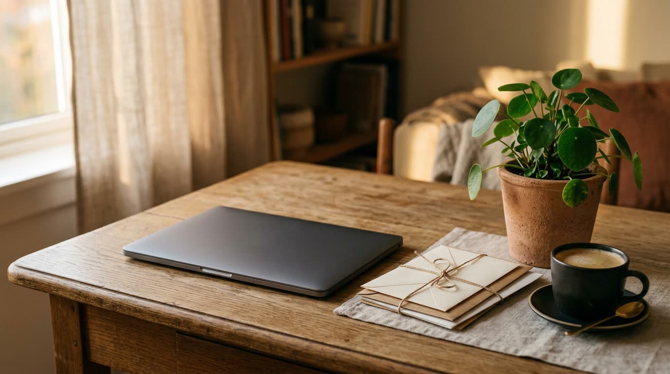 A warm wooden desk with envelopes and a laptop — email marketing.