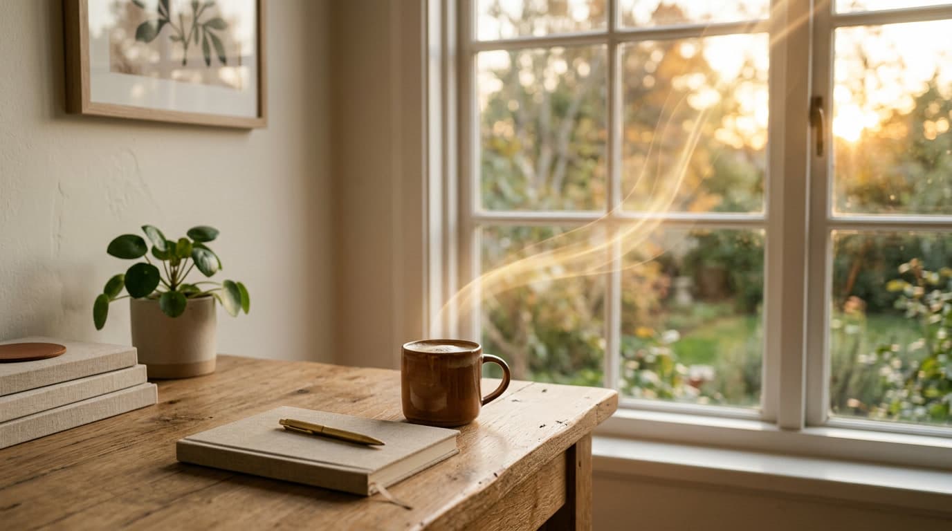 A bright desk with a subtle upward light-streak — paid search that climbs.