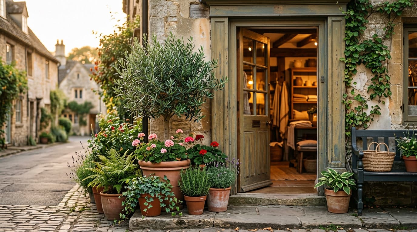 An inviting open local shop entrance with plants in warm golden light.