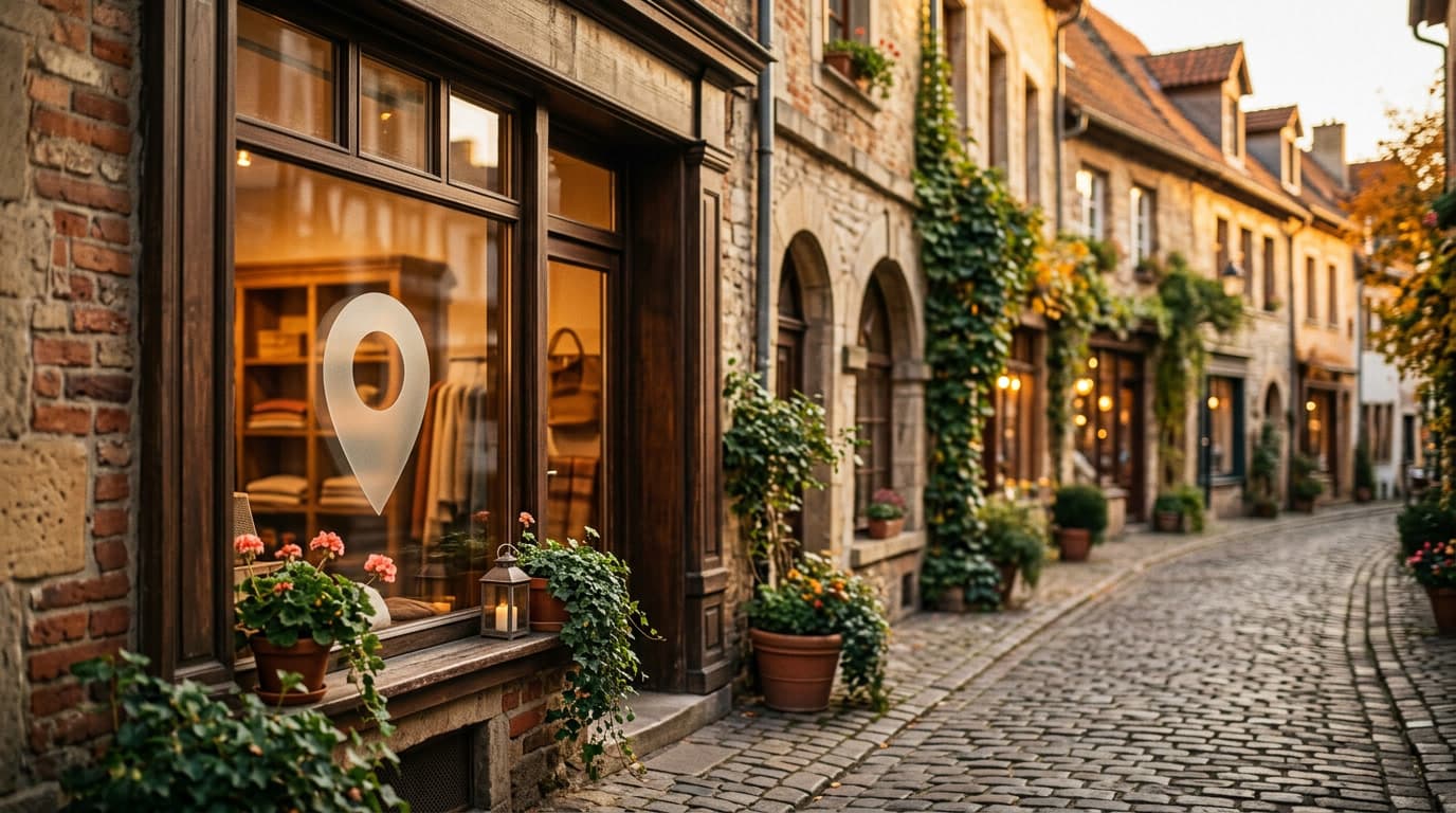 A welcoming local storefront at golden hour with a subtle map-pin motif.