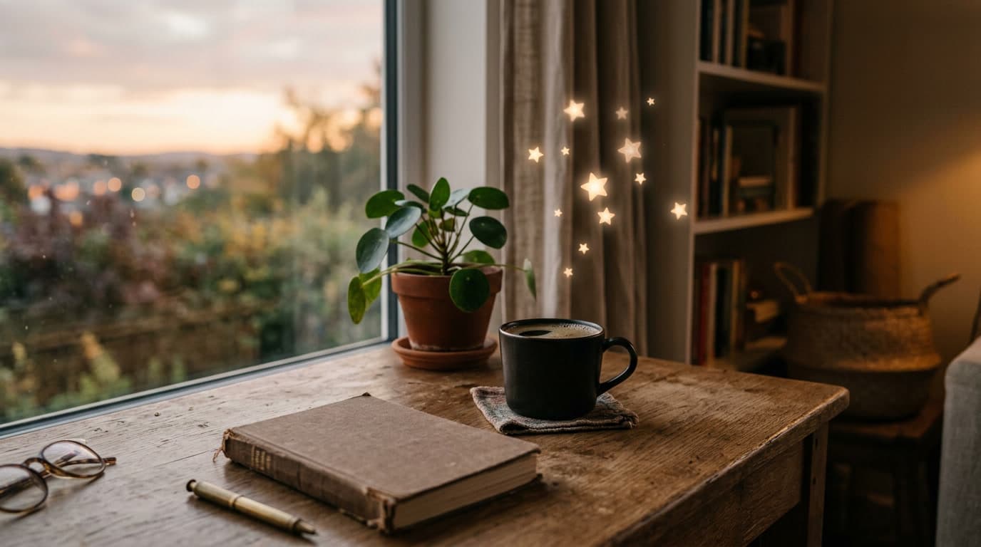 A calm desk with soft glowing star sparkles — reputation management.