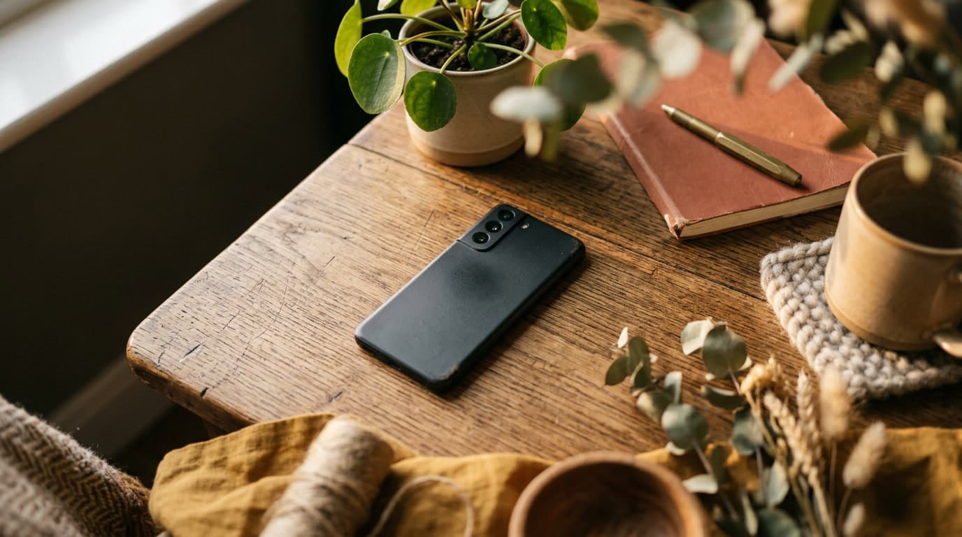A warm flat-lay with a phone and colourful soft-focus props — social advertising.