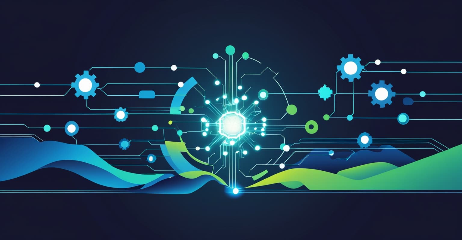 Abstract AI automation concept illustration for the article “Social Media Advertising”, in KP Growth Consulting brand colours.