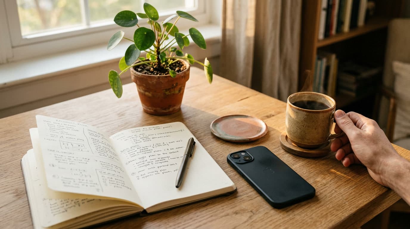 A warm content-planning desk with a phone, notebook and coffee.