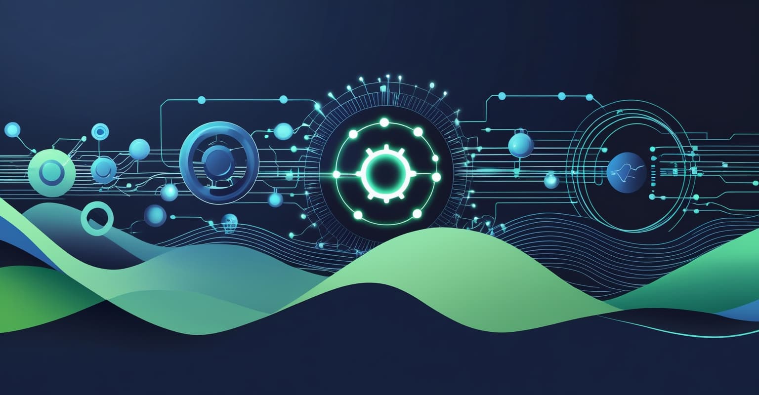 Abstract AI automation concept illustration for the article “Social Media Management”, in KP Growth Consulting brand colours.